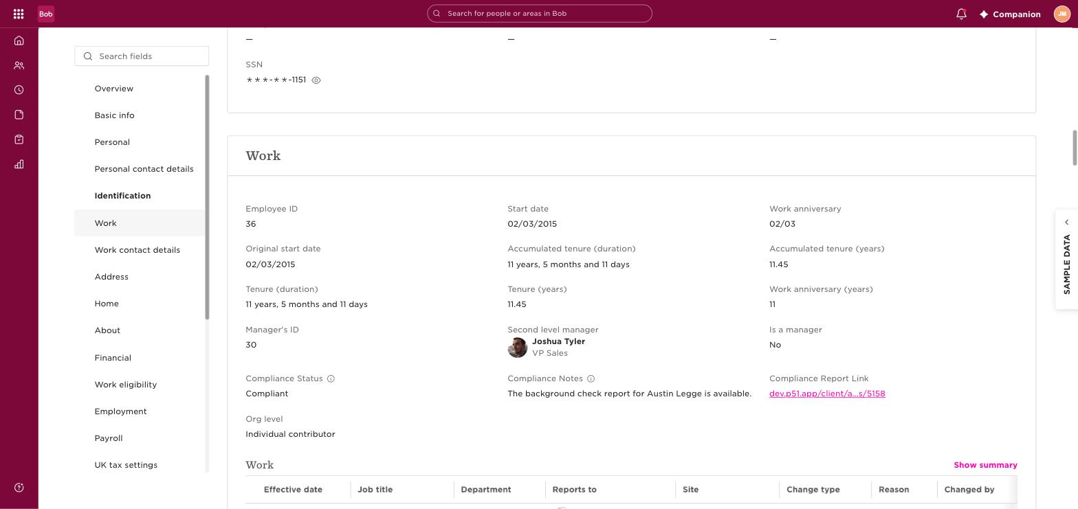 Bob employee work record showing a Compliant screening status, notes, and report link