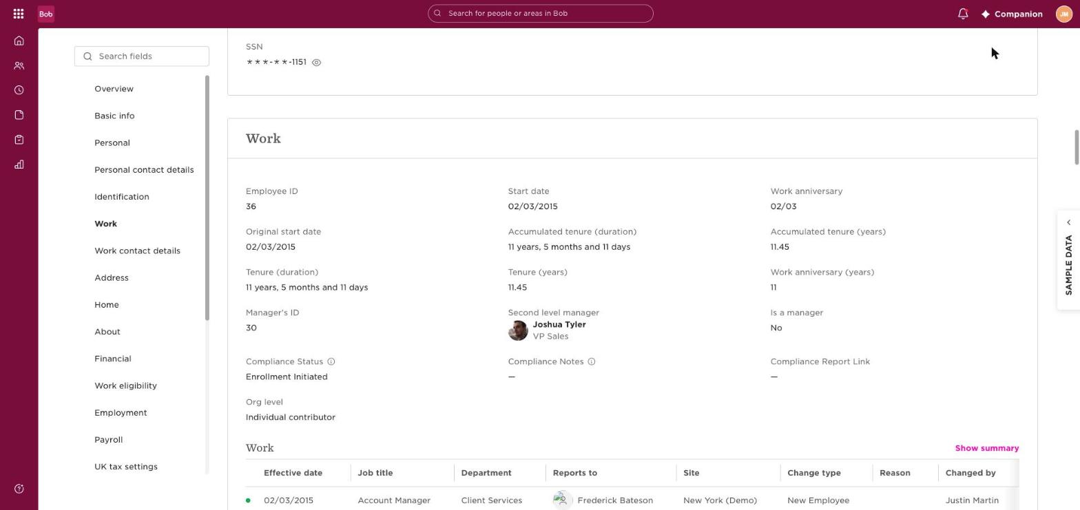 Bob employee work record with Compliance Status set to Enrollment Initiated