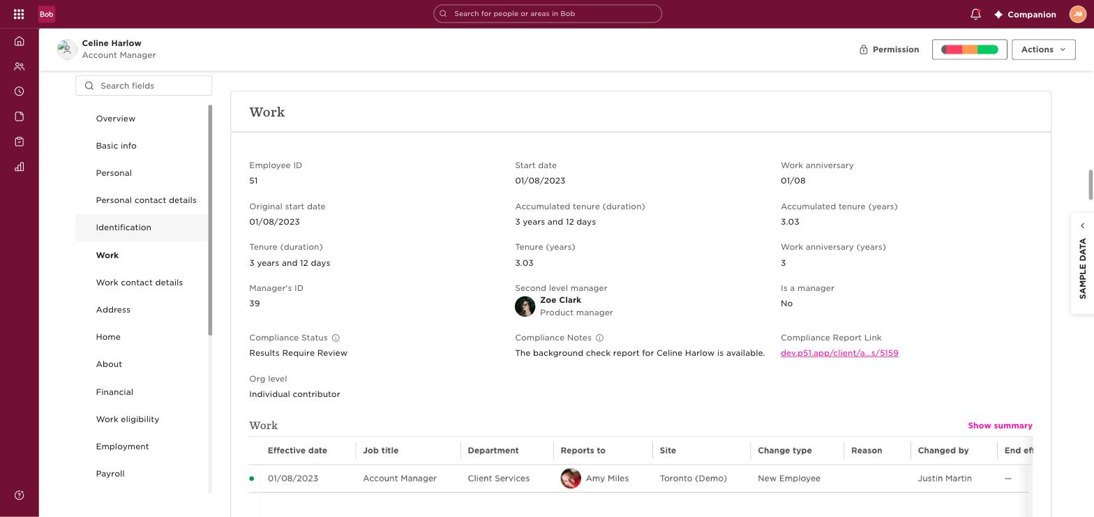Bob employee work record showing a Results Require Review status and report link