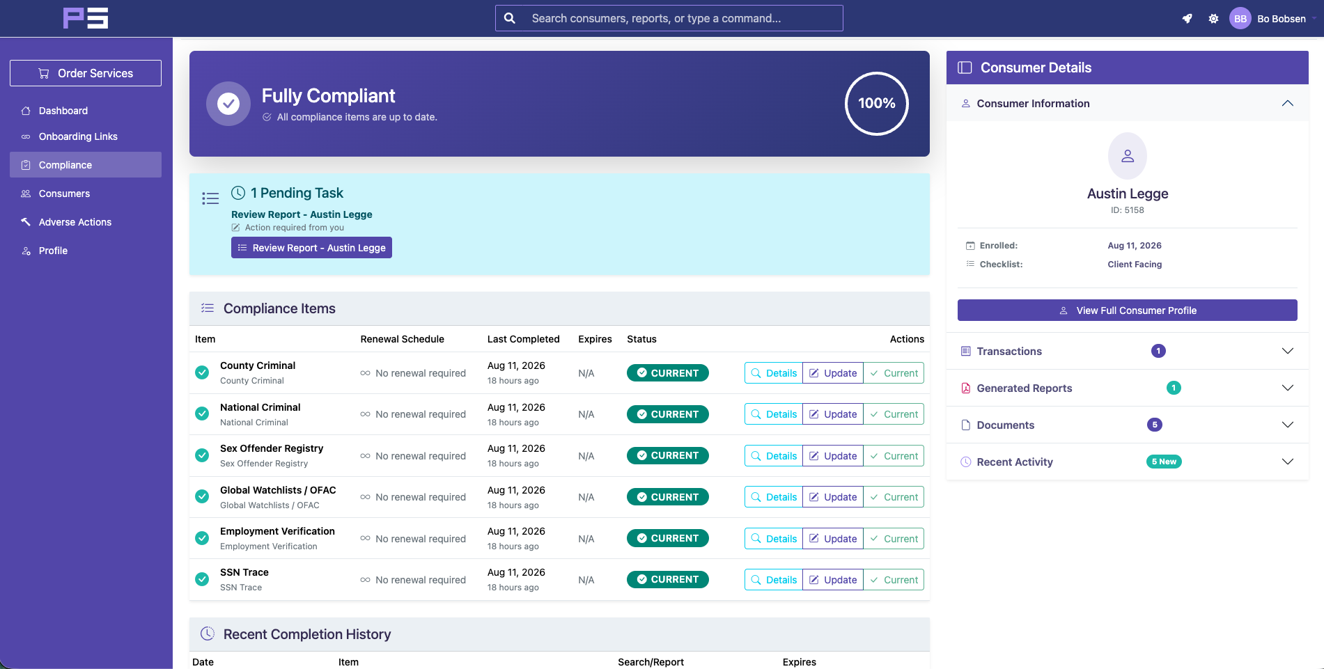PSBI compliance dashboard showing a fully compliant status, completed screening items, a pending report-review task, and consumer details