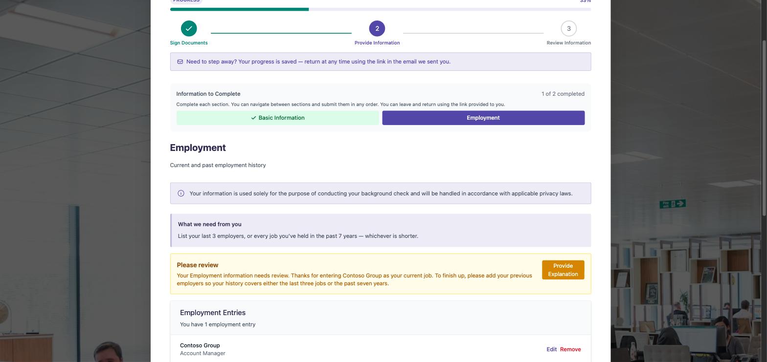 PSBI employment history guidance in the employee intake flow