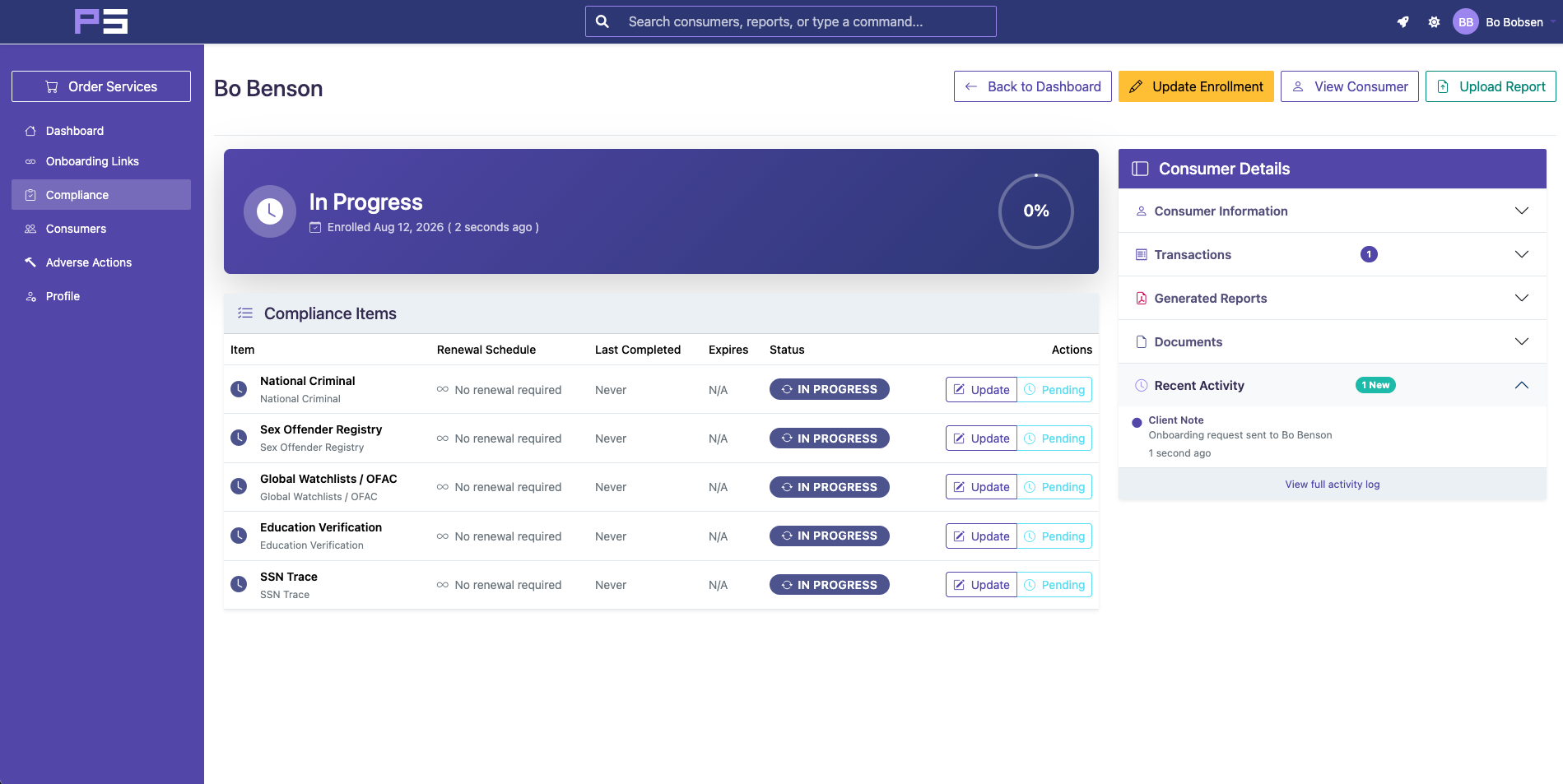 PSBI consumer enrollment record showing In Progress status, 0 percent completion, required compliance checks, and an onboarding request sent