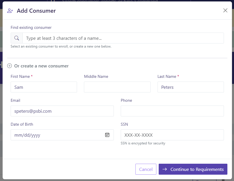 Product screenshot showing the Add Consumer screen where a name and email are entered to add a new volunteer.