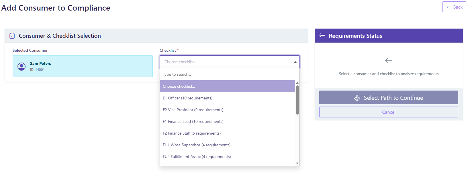 Product screenshot showing the role selection screen where choosing a volunteer role automatically sets the required background checks.