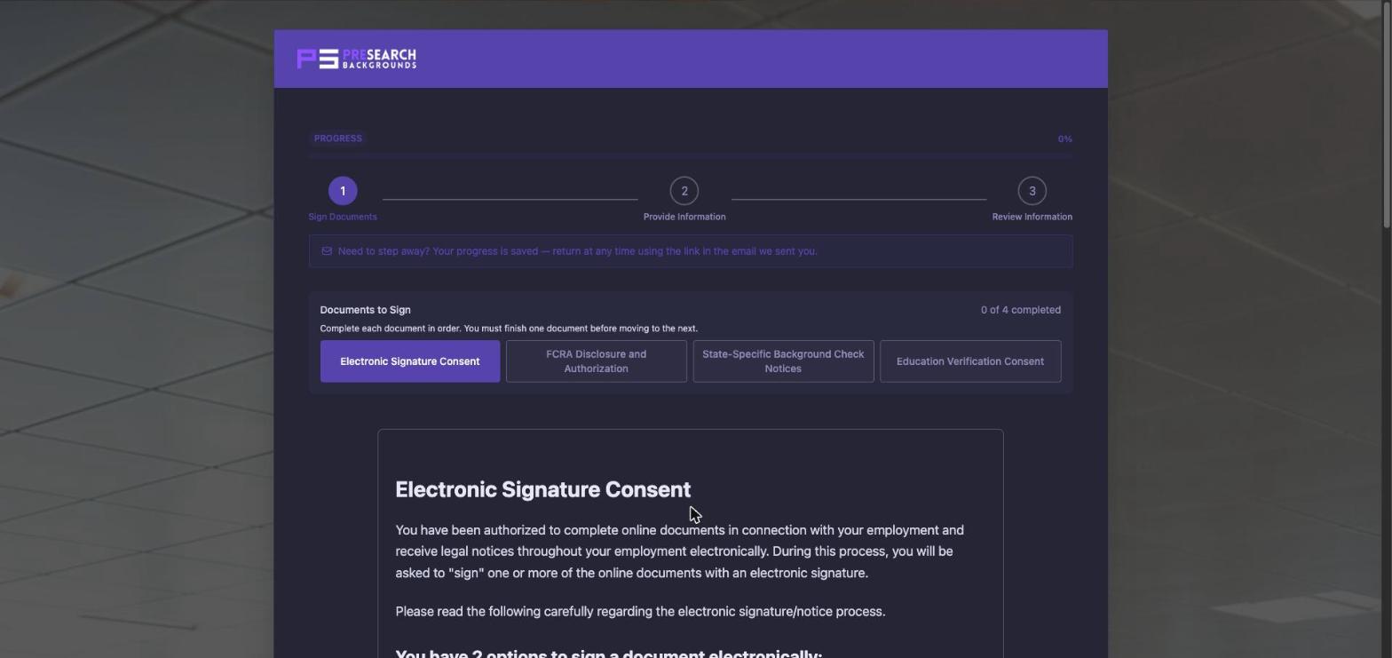 PSBI guided onboarding screen showing a secure document step