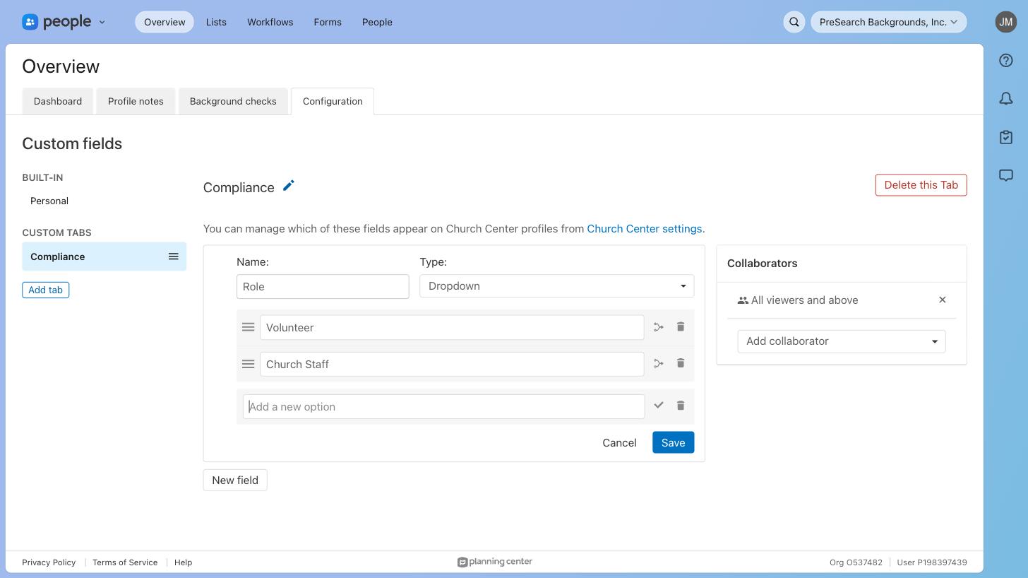 Creating the Role field as a dropdown with Volunteer and Church Staff options