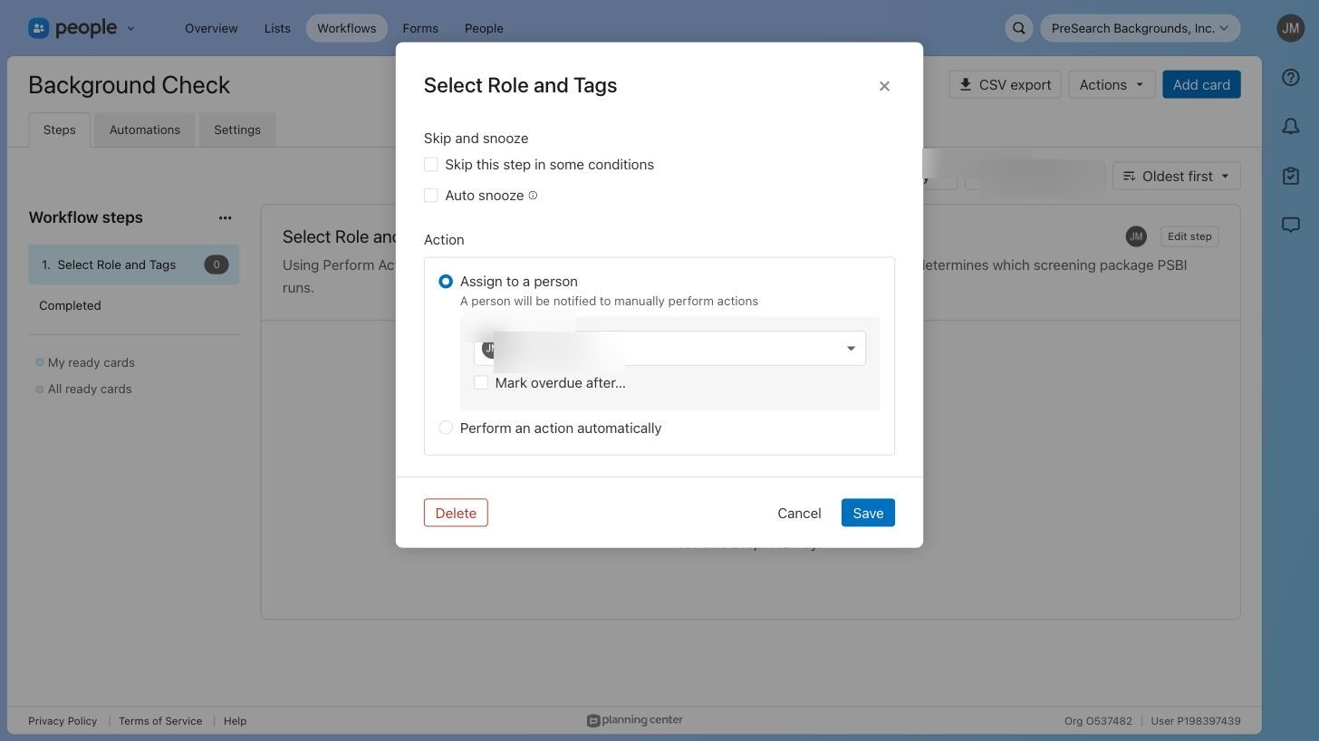 Step settings showing assignment to a person