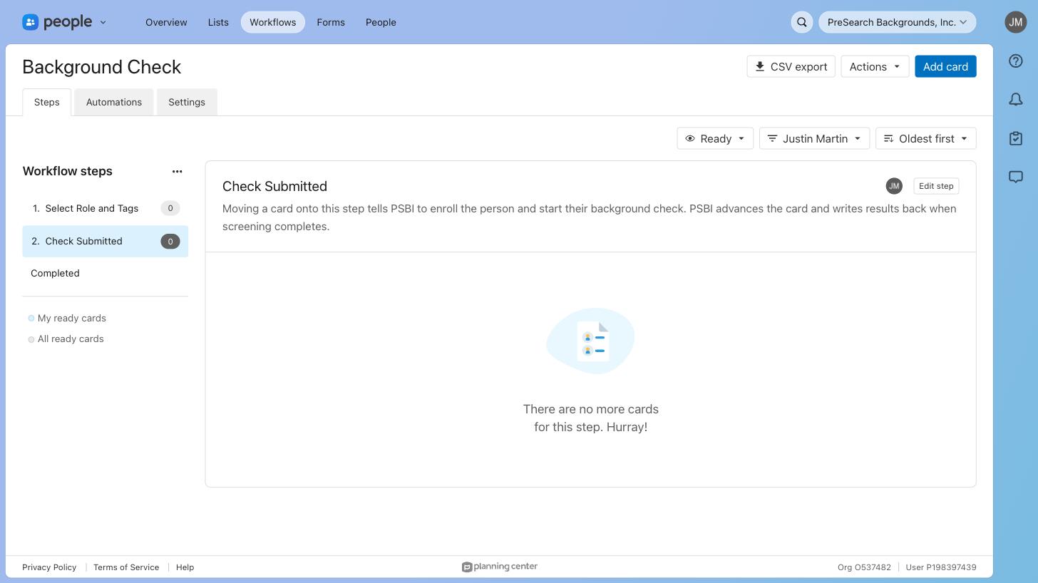 The finished Background Check workflow showing both steps