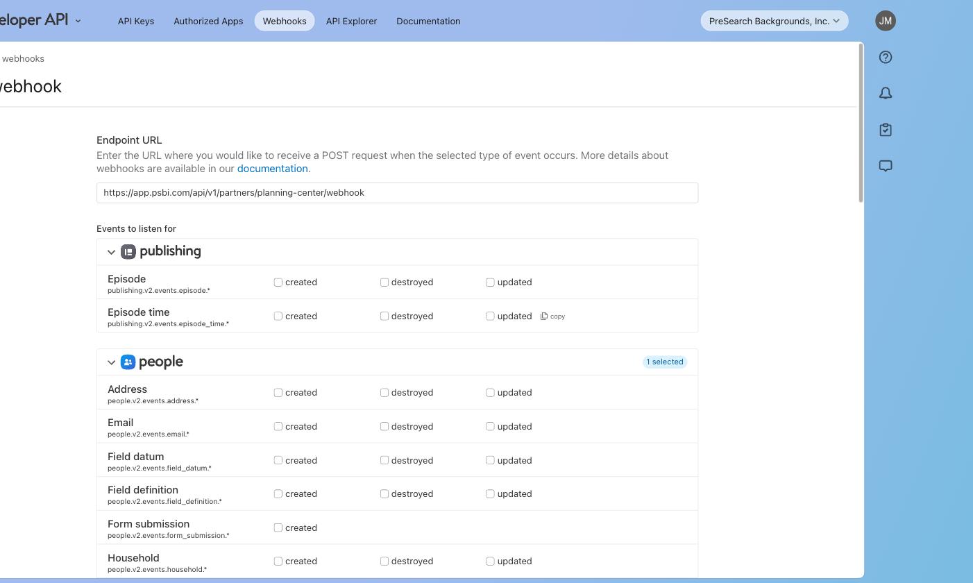 The Add webhook form with the PSBI endpoint URL entered