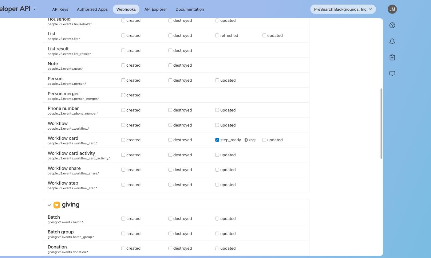The Workflow card event row with step_ready ticked