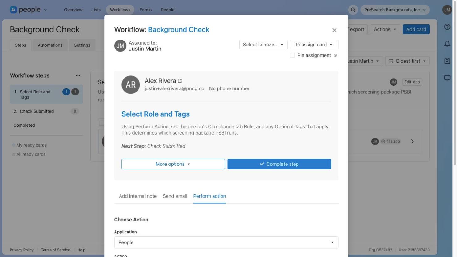 Perform Action on the workflow card sets the same fields without leaving the card