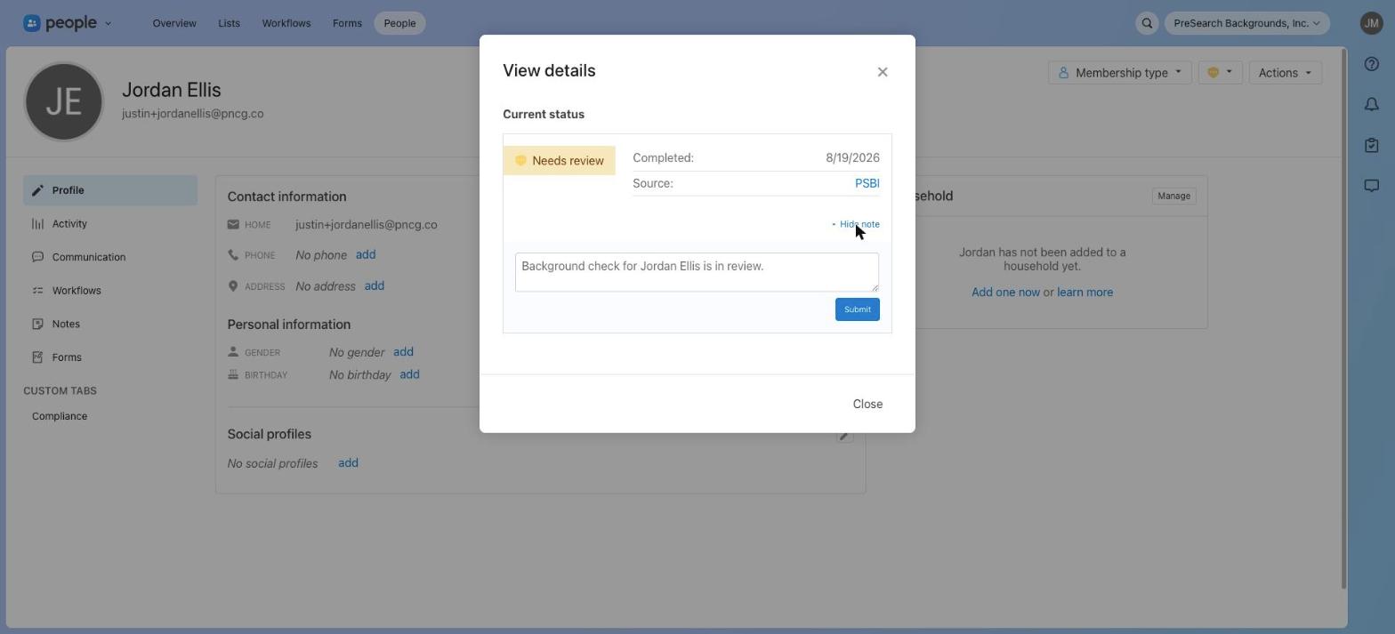 Background check details with status, source link, and note