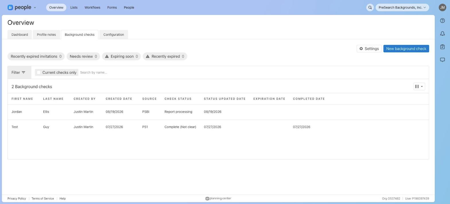 Background checks list showing Report processing