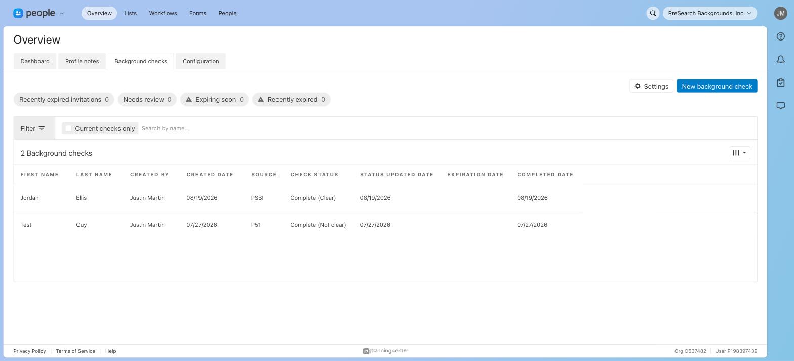 Planning Center Background Checks tab